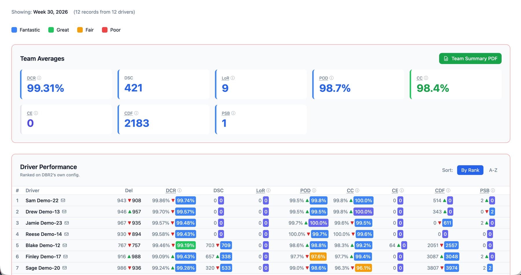 The Dynamic DSP dashboard for a demo depot: team averages and a ranked driver performance table